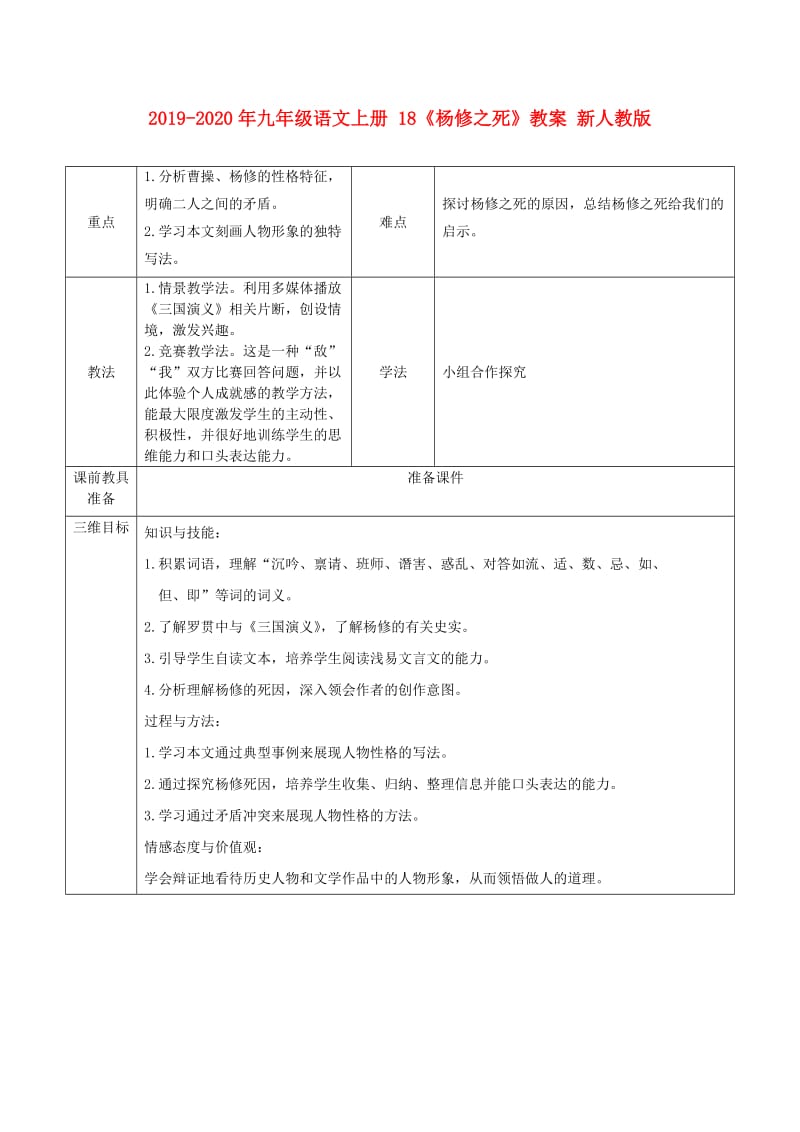 2019-2020年九年级语文上册 18《杨修之死》教案 新人教版.doc_第1页