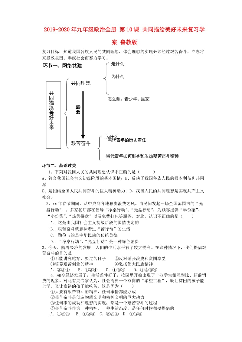 2019-2020年九年级政治全册 第10课 共同描绘美好未来复习学案 鲁教版.doc_第1页