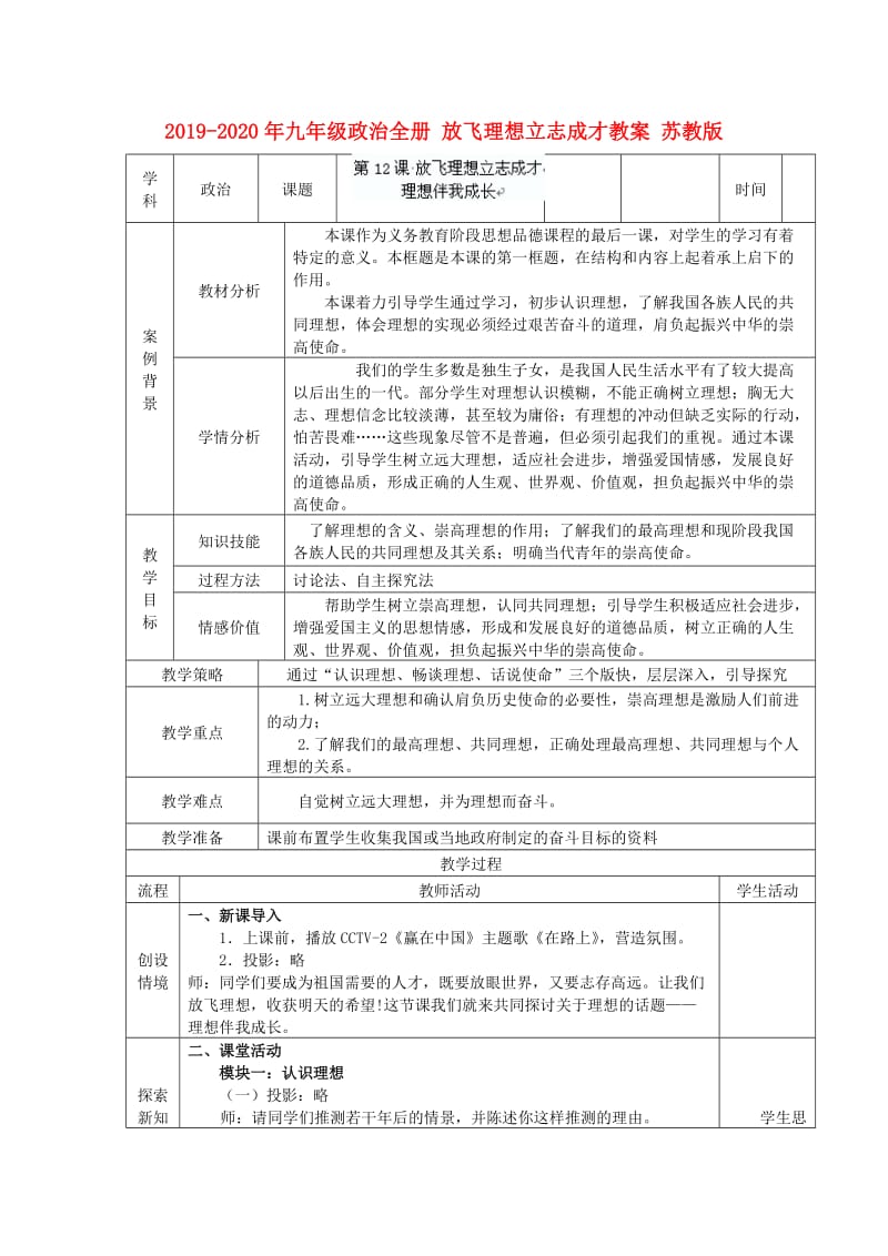 2019-2020年九年级政治全册 放飞理想立志成才教案 苏教版.doc_第1页