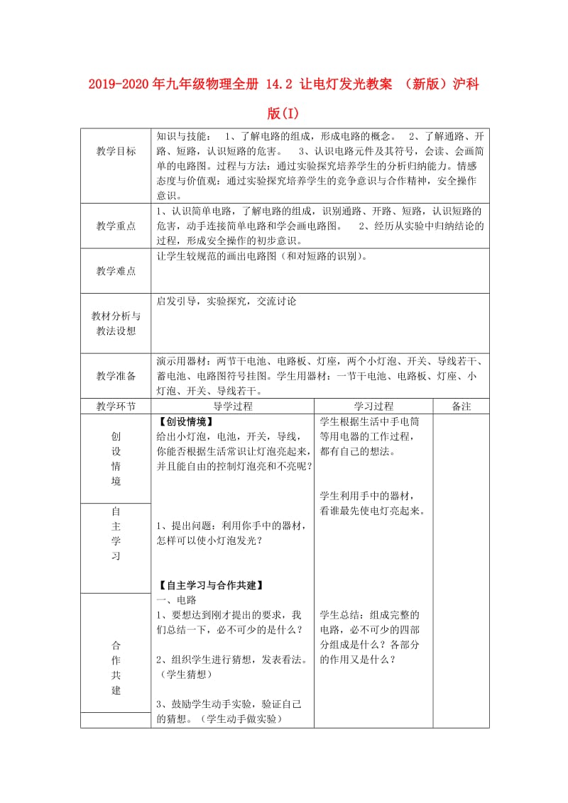 2019-2020年九年级物理全册 14.2 让电灯发光教案 （新版）沪科版(I).doc_第1页