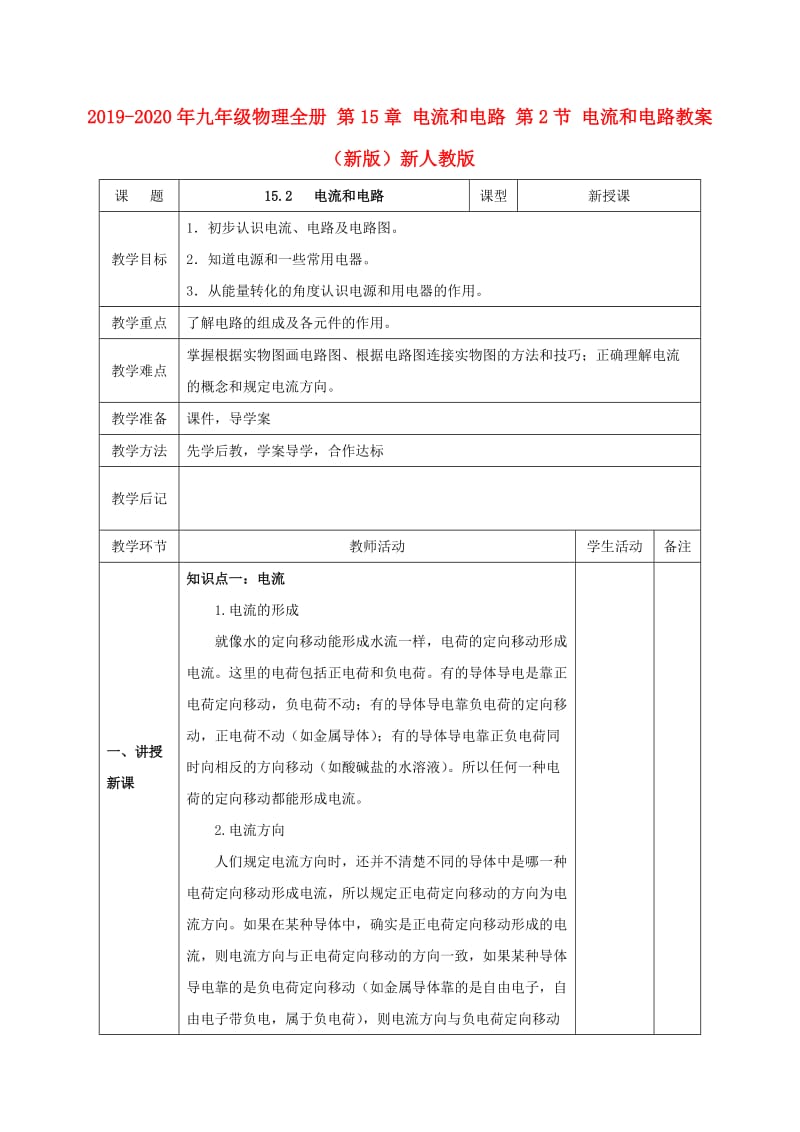 2019-2020年九年级物理全册 第15章 电流和电路 第2节 电流和电路教案 （新版）新人教版.doc_第1页