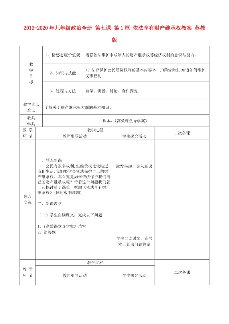 2019-2020年九年级政治全册 第七课 第1框 依法享有财产继承权教案 苏教版.doc_第1页