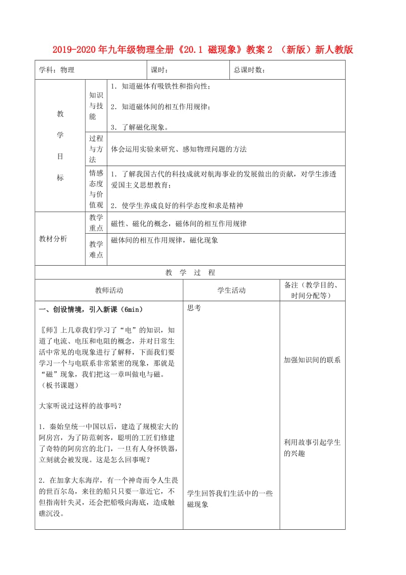 2019-2020年九年级物理全册《20.1 磁现象》教案2 （新版）新人教版.doc_第1页