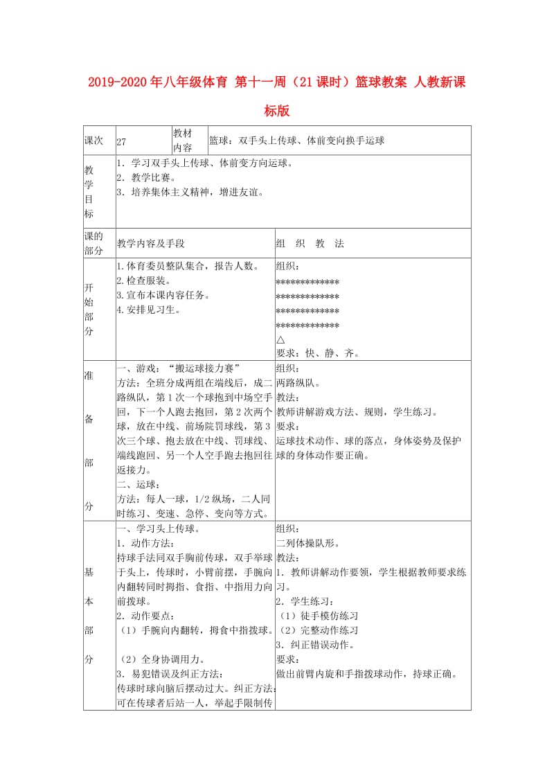 2019-2020年八年级体育 第十一周（21课时）篮球教案 人教新课标版.doc_第1页