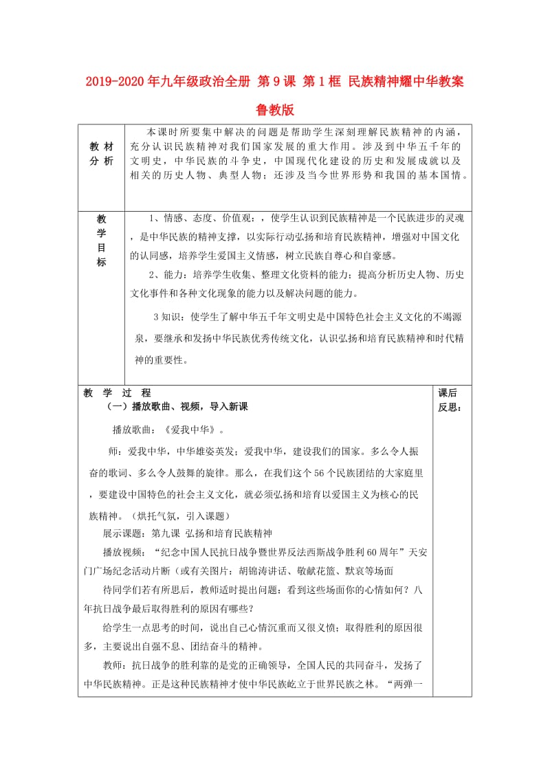 2019-2020年九年级政治全册 第9课 第1框 民族精神耀中华教案 鲁教版.doc_第1页