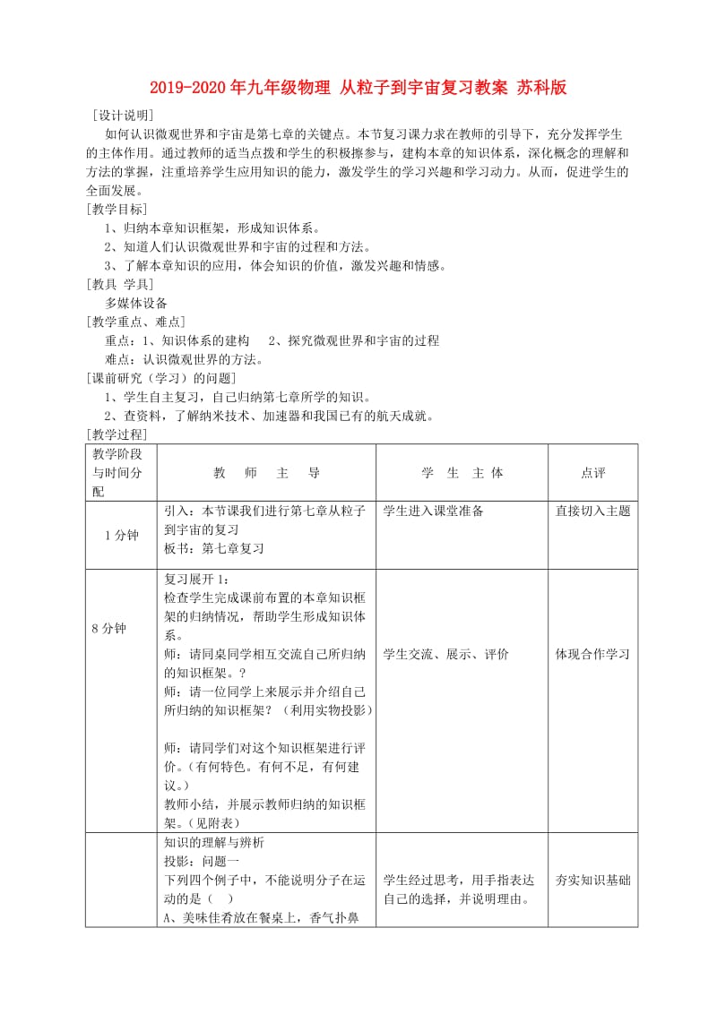 2019-2020年九年级物理 从粒子到宇宙复习教案 苏科版.doc_第1页