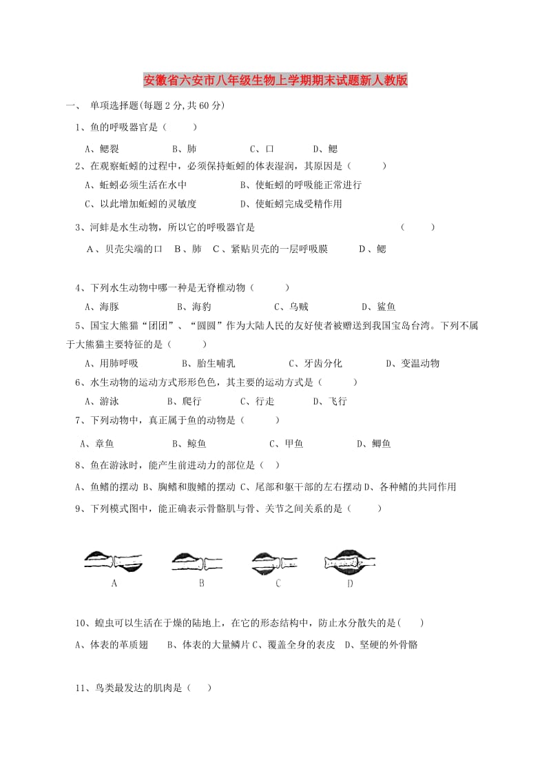 安徽省六安市八年级生物上学期期末试题新人教版.doc_第1页