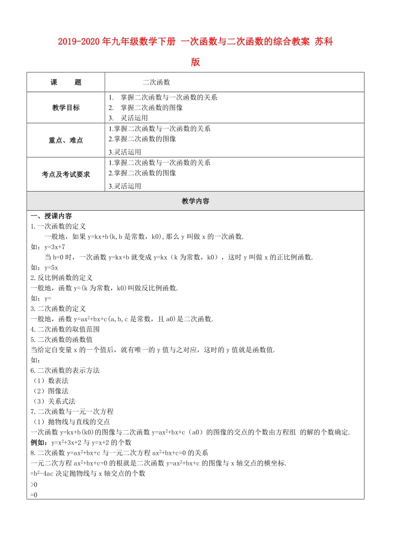 2019-2020年九年级数学下册 一次函数与二次函数的综合教案 苏科版.doc_第1页