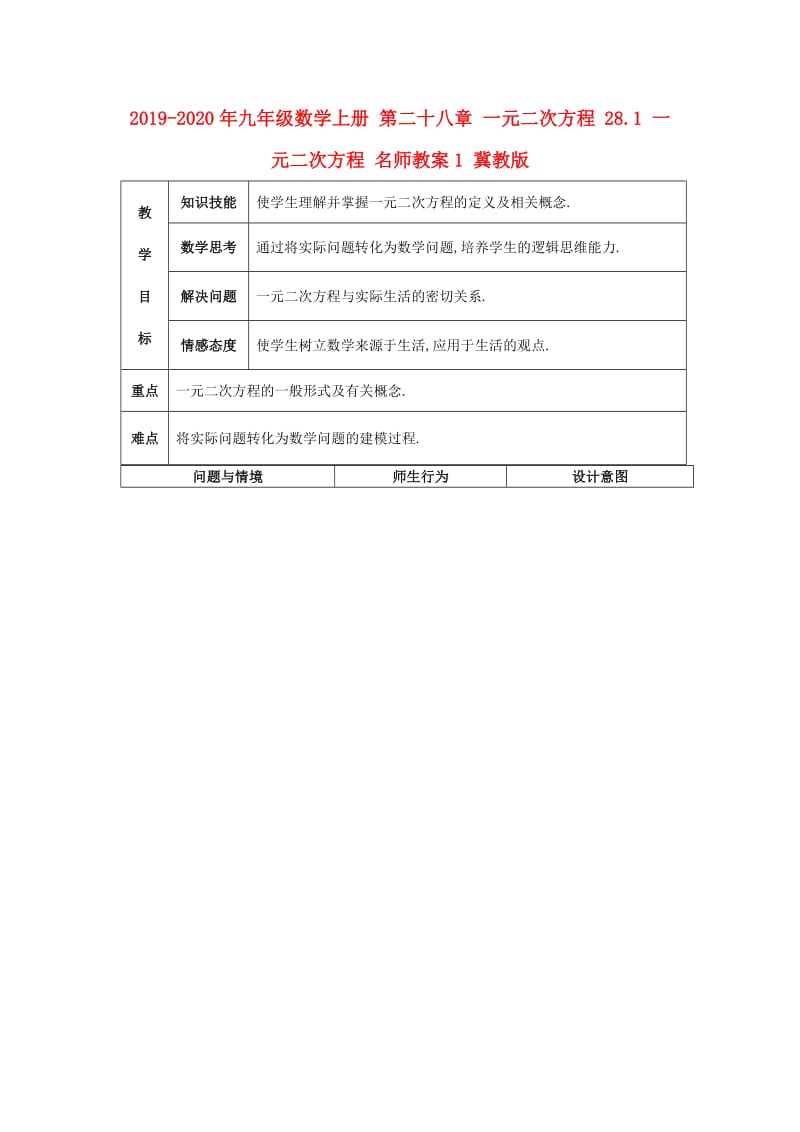 2019-2020年九年级数学上册 第二十八章 一元二次方程 28.1 一元二次方程 名师教案1 冀教版.doc_第1页