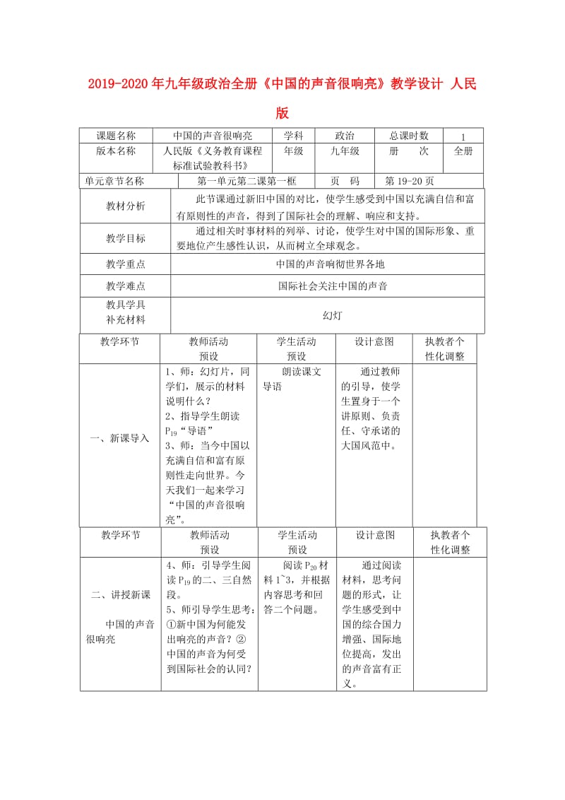 2019-2020年九年级政治全册《中国的声音很响亮》教学设计 人民版.doc_第1页