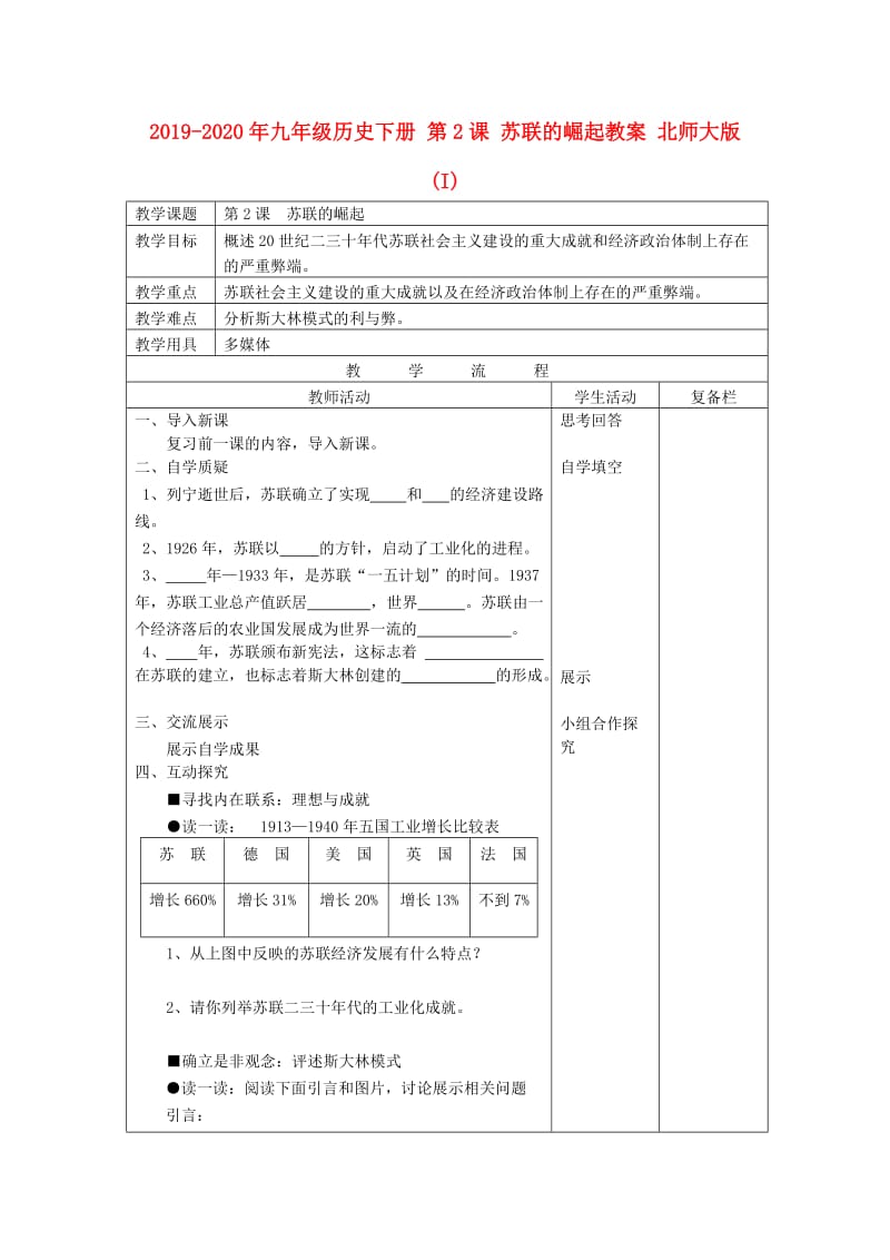 2019-2020年九年级历史下册 第2课 苏联的崛起教案 北师大版 (I).doc_第1页