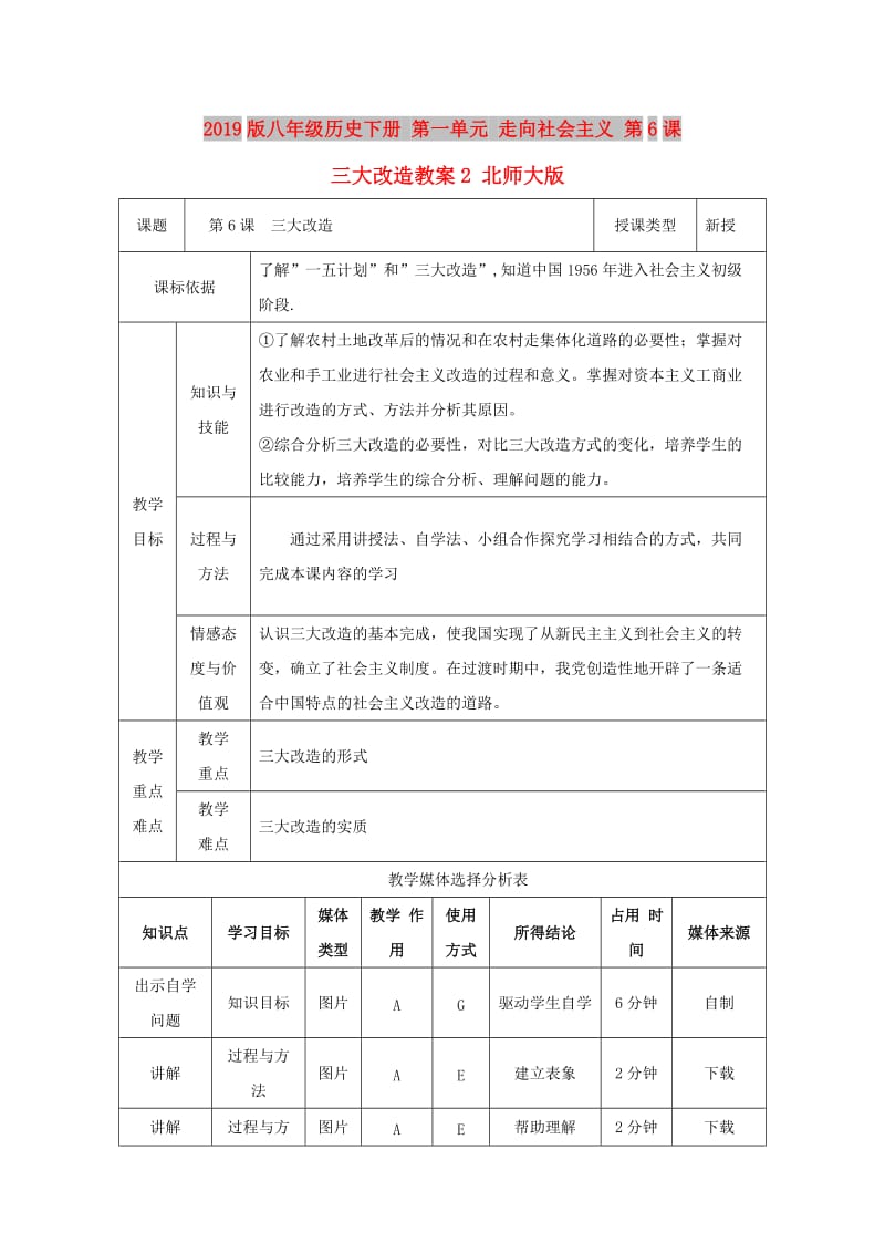 2019版八年级历史下册 第一单元 走向社会主义 第6课 三大改造教案2 北师大版.doc_第1页