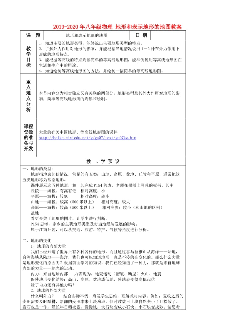 2019-2020年八年级物理 地形和表示地形的地图教案.doc_第1页