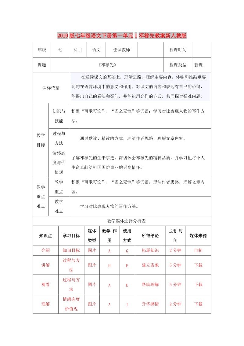 2019版七年级语文下册第一单元1邓稼先教案新人教版.doc_第1页