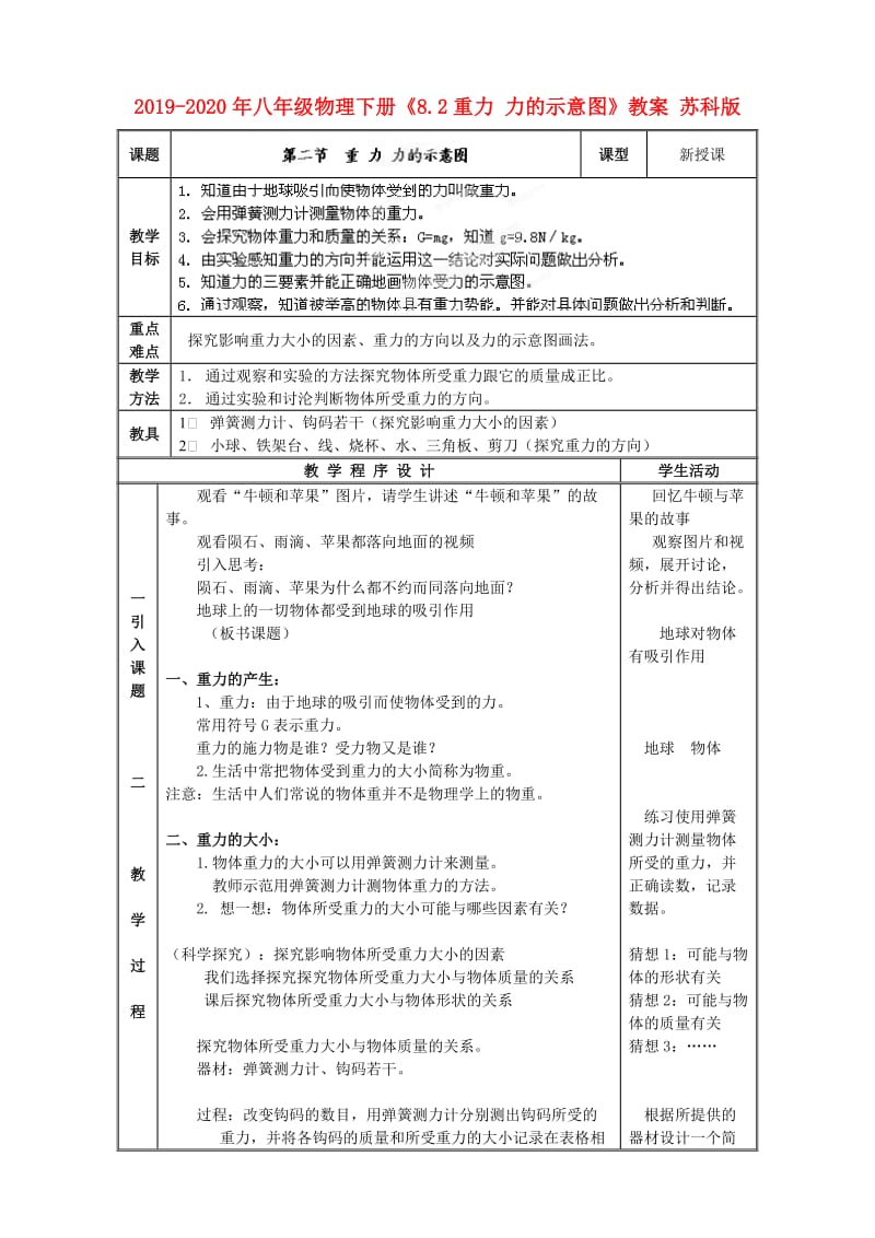 2019-2020年八年级物理下册《8.2重力 力的示意图》教案 苏科版.doc_第1页