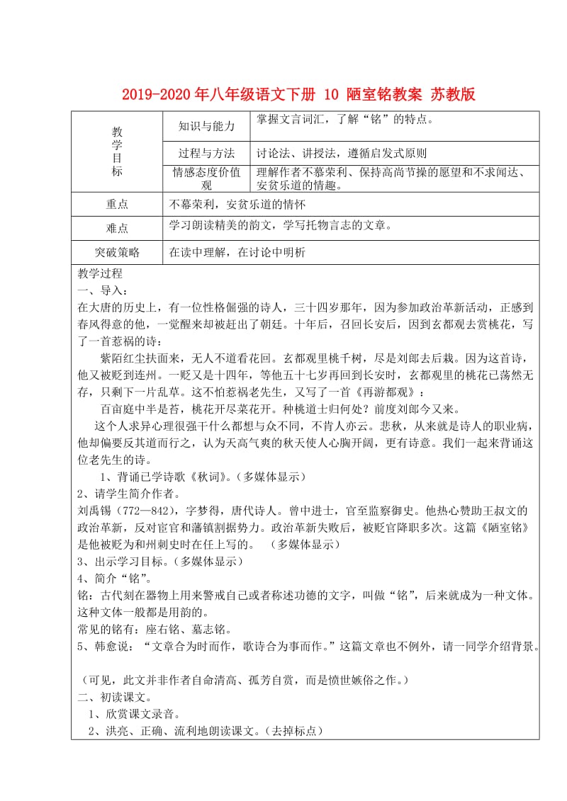 2019-2020年八年级语文下册 10 陋室铭教案 苏教版.doc_第1页