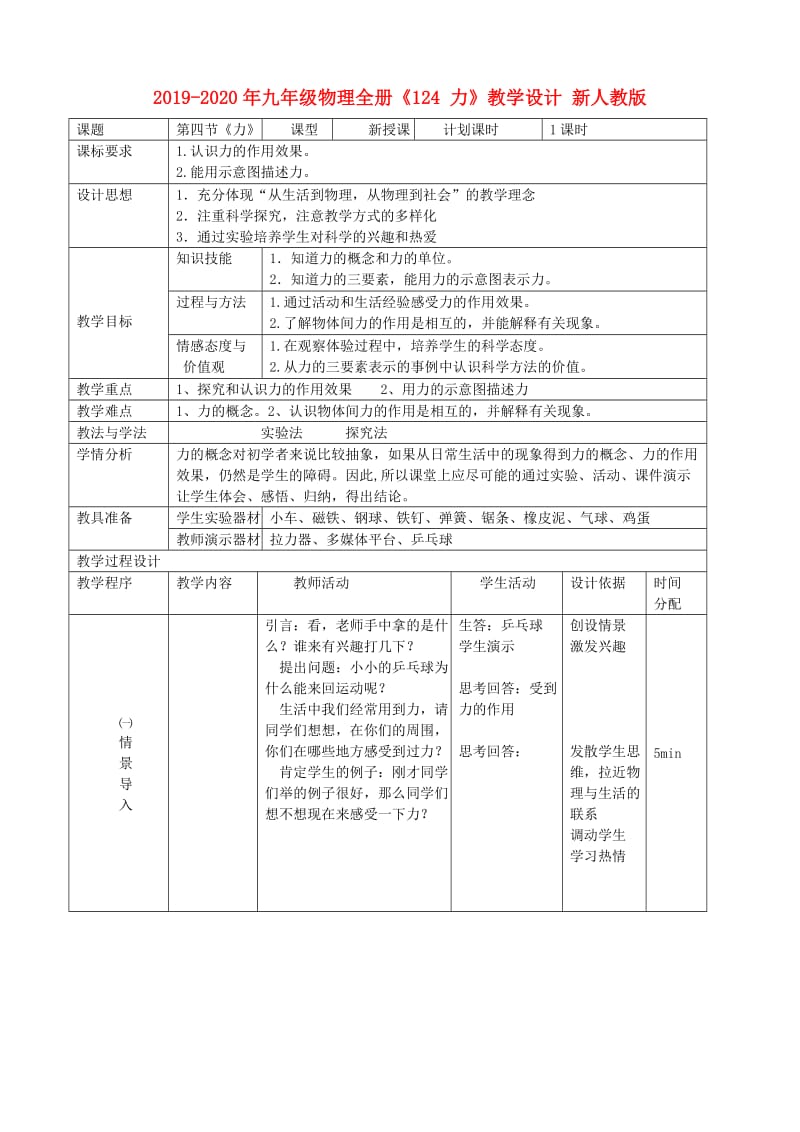 2019-2020年九年级物理全册《124 力》教学设计 新人教版.doc_第1页