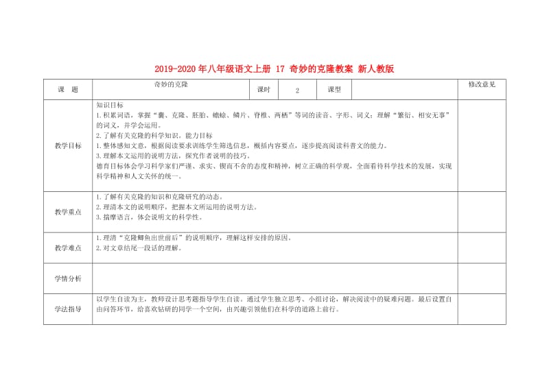 2019-2020年八年级语文上册 17 奇妙的克隆教案 新人教版.doc_第1页