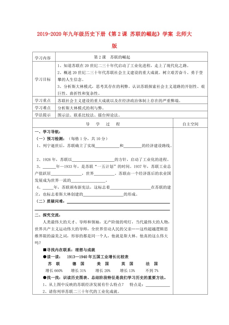 2019-2020年九年级历史下册《第2课 苏联的崛起》学案 北师大版.doc_第1页