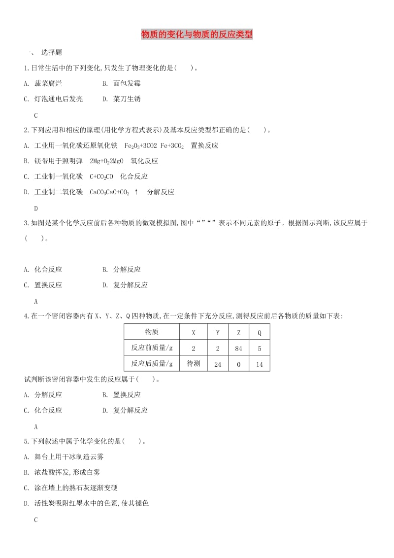 中考化学 易错知识点强化 物质的变化与物质的反应类型练习卷 新人教版.doc_第1页