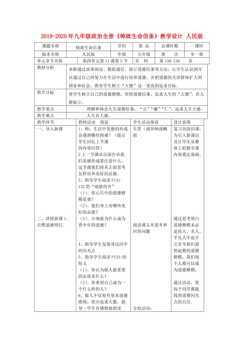 2019-2020年九年级政治全册《铸就生命信条》教学设计 人民版.doc_第1页