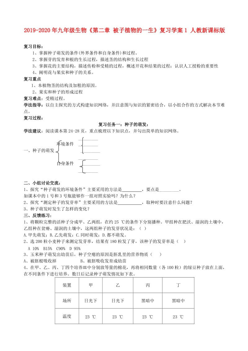 2019-2020年九年级生物《第二章 被子植物的一生》复习学案1 人教新课标版.doc_第1页