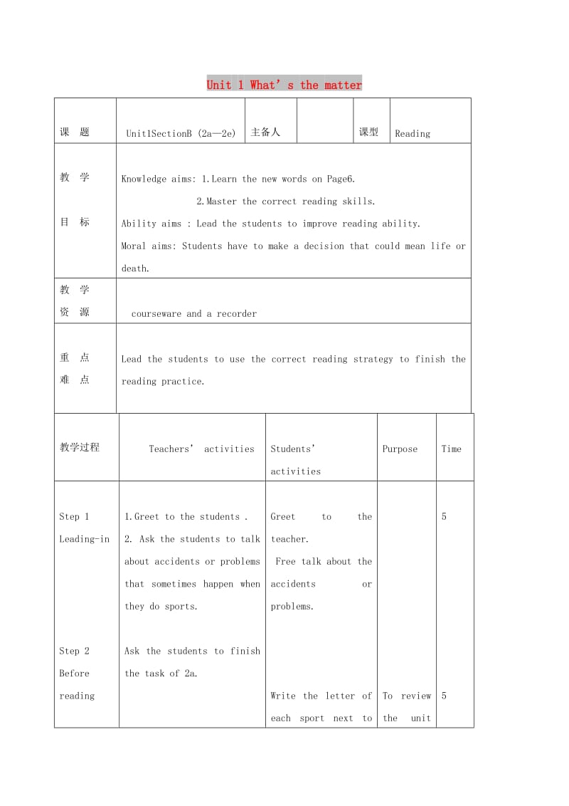 吉林省双辽市八年级英语下册Unit1What’sthematterSectionB2a-2e教案新版人教新目标版.doc_第1页