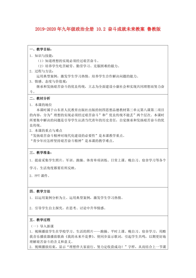 2019-2020年九年级政治全册 10.2 奋斗成就未来教案 鲁教版.doc_第1页