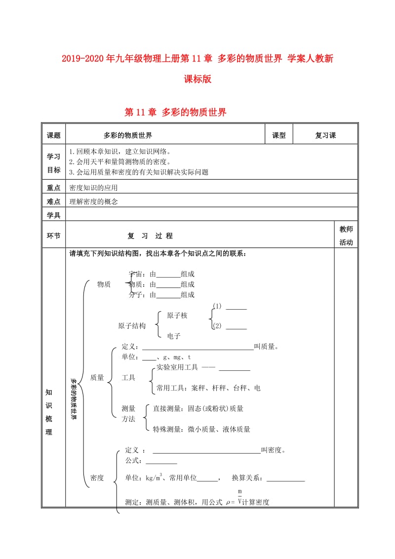 2019-2020年九年级物理上册第11章 多彩的物质世界 学案人教新课标版.doc_第1页