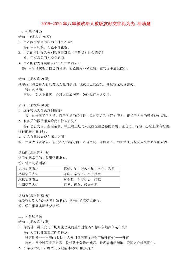 2019-2020年八年级政治人教版友好交往礼为先 活动题.doc_第1页