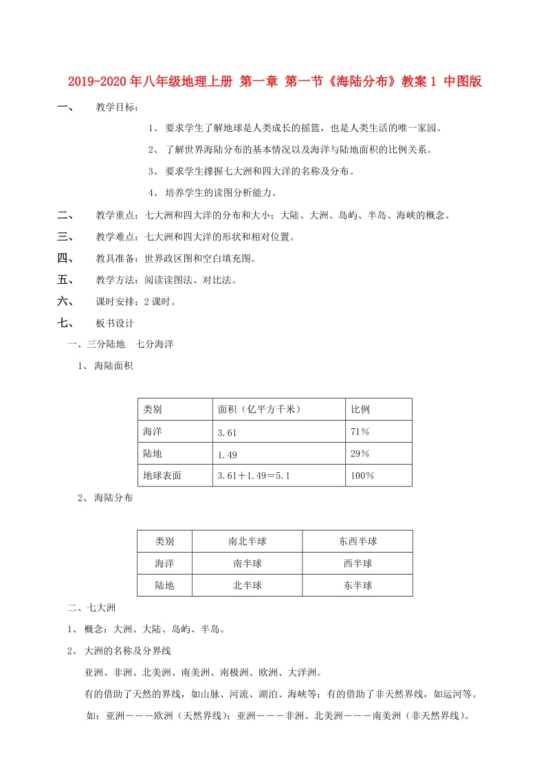 2019-2020年八年级地理上册 第一章 第一节《海陆分布》教案1 中图版.doc_第1页