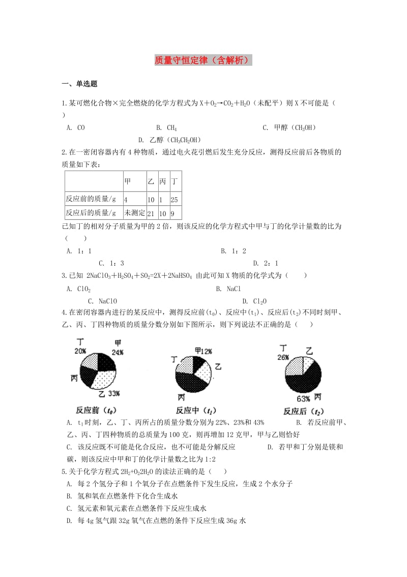 2019中考化学专题练习 质量守恒定律（含解析）.doc_第1页