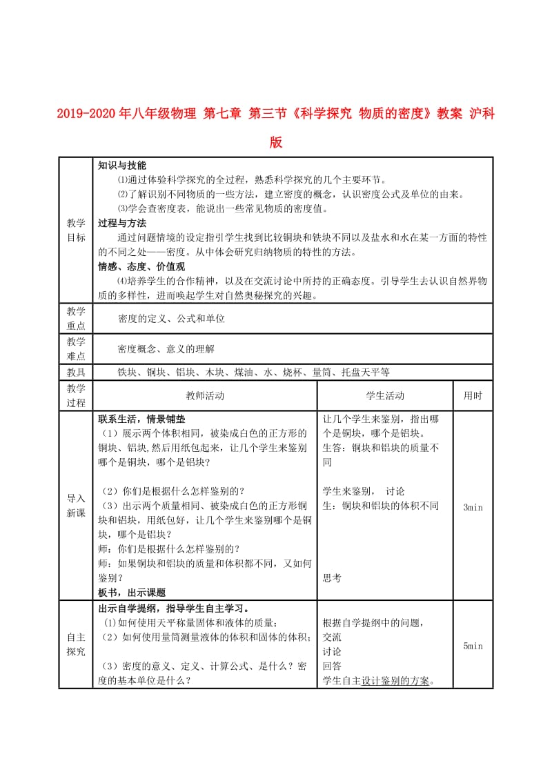 2019-2020年八年级物理 第七章 第三节《科学探究 物质的密度》教案 沪科版.doc_第1页