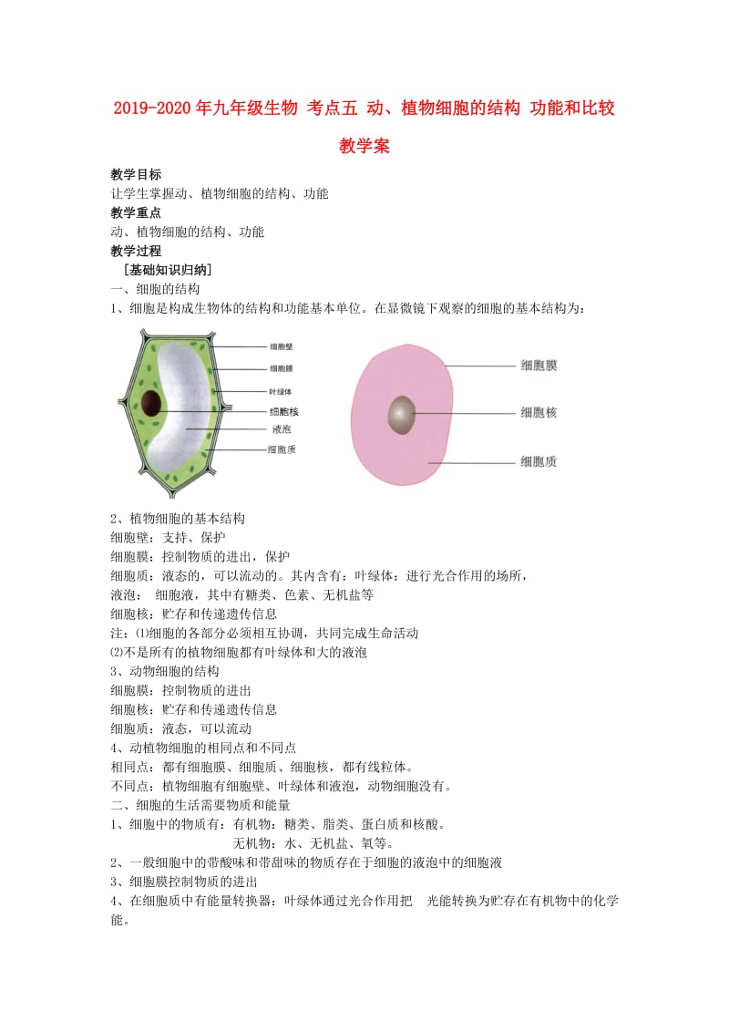 2019-2020年九年级生物 考点五 动、植物细胞的结构 功能和比较 教学案.doc_第1页