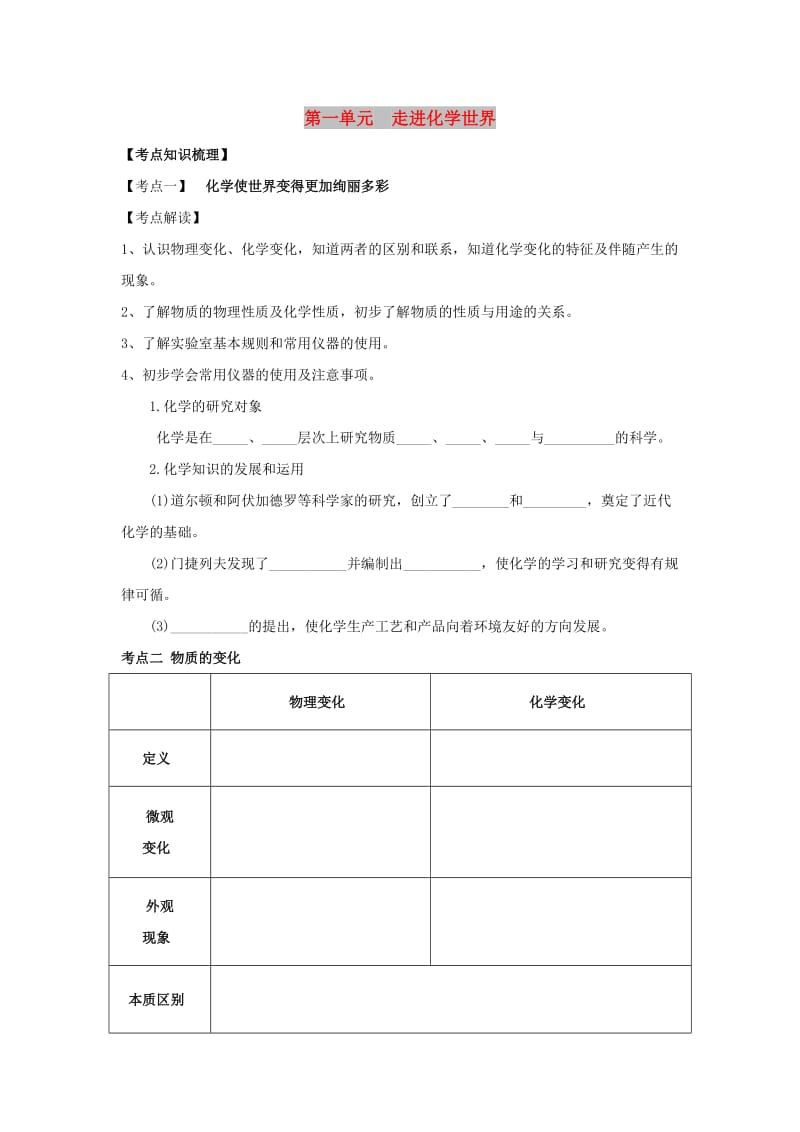 九年级化学上册 第一单元 走进化学世界复习讲义（新版）新人教版.doc_第1页