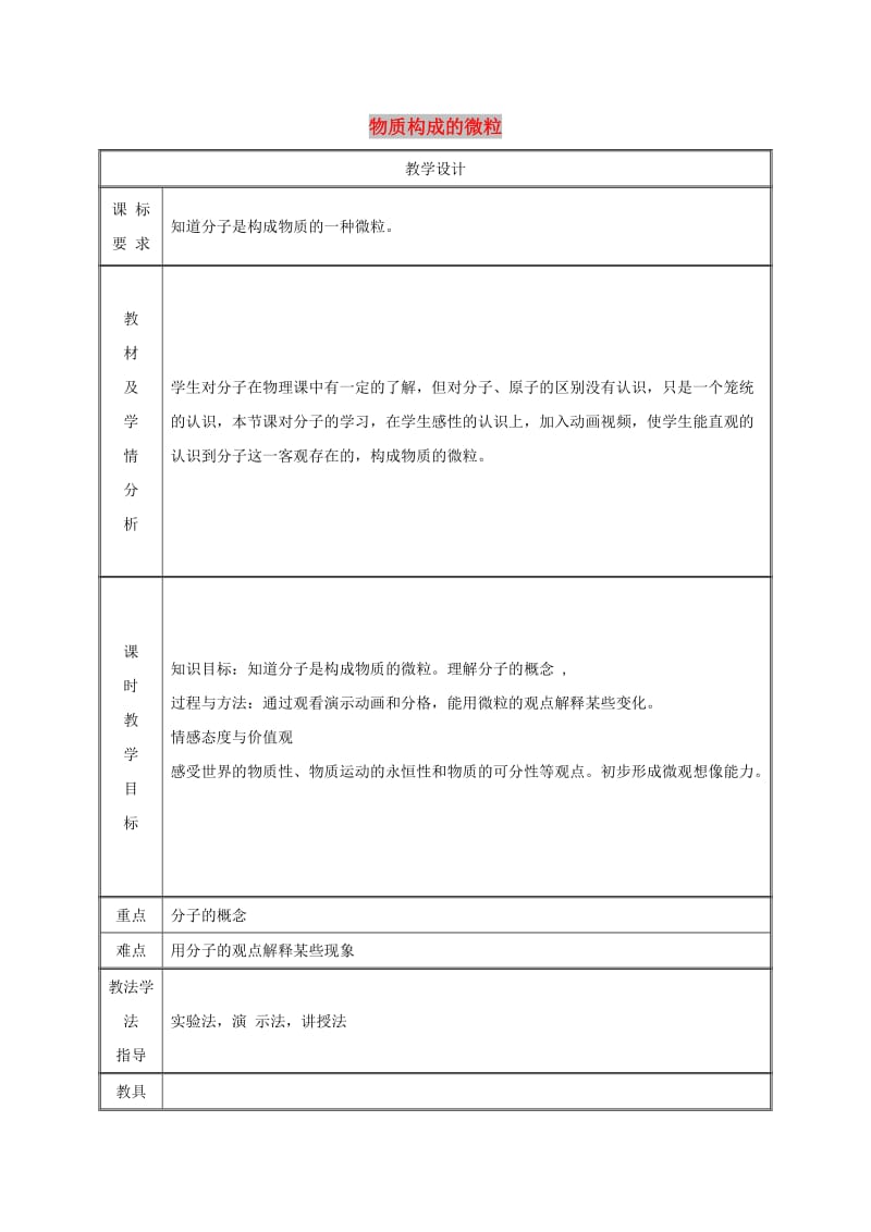 九年级化学上册 第2章 空气、物质的构成 2.2 构成物质的微粒（Ⅰ）-分子教案2 粤教版.doc_第1页