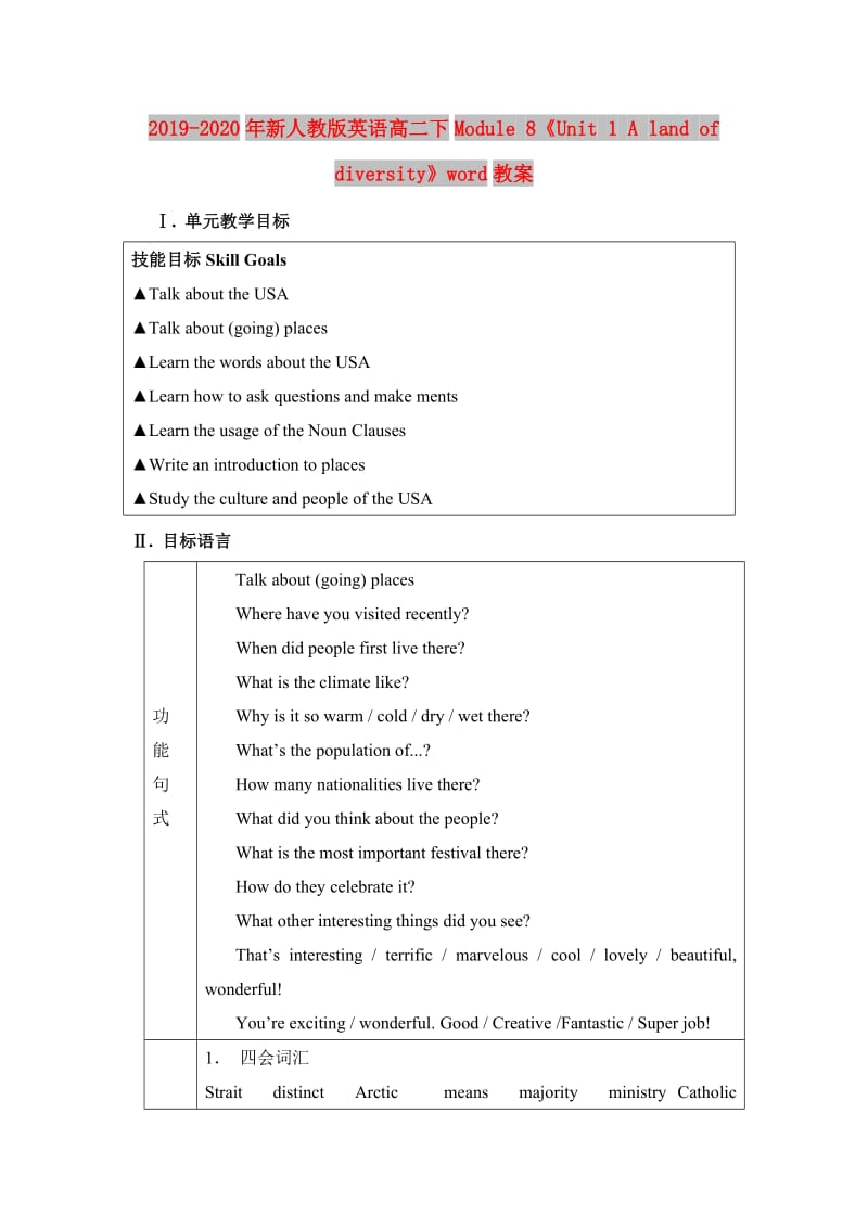 2019-2020年新人教版英语高二下Module 8《Unit 1 A land of diversity》word教案.doc_第1页