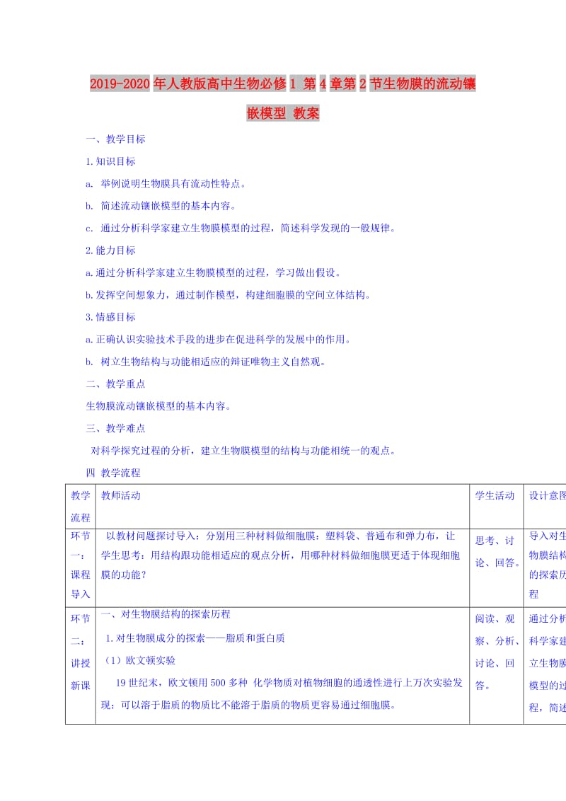 2019-2020年人教版高中生物必修1 第4章第2节生物膜的流动镶嵌模型 教案.doc_第1页