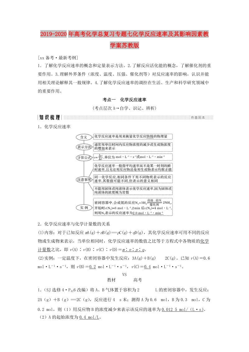 2019-2020年高考化学总复习专题七化学反应速率及其影响因素教学案苏教版.doc_第1页