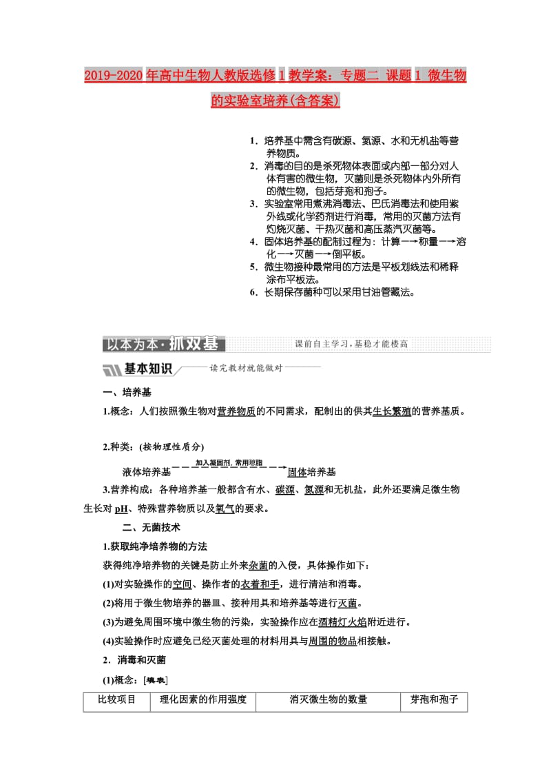 2019-2020年高中生物人教版选修1教学案：专题二 课题1 微生物的实验室培养(含答案).doc_第1页