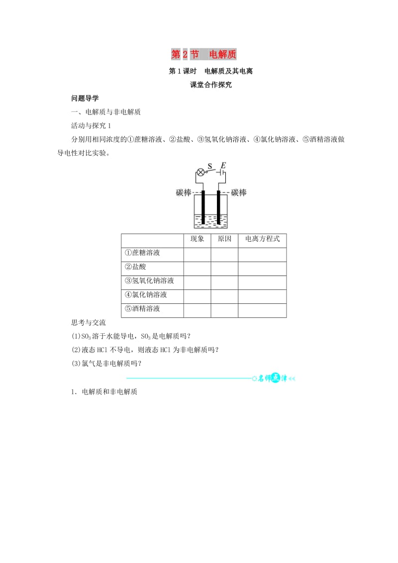 辽宁省凌海市高中化学 第2章 元素与物质世界 第2节 电解质学案鲁科版必修1.doc_第1页