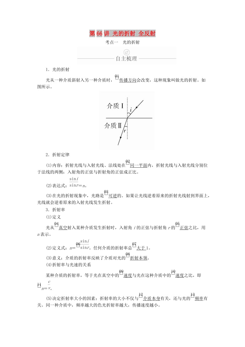 2020年高考物理一轮复习 第15章 第66讲 光的折射 全反射学案（含解析）（选修3-4）.doc_第1页