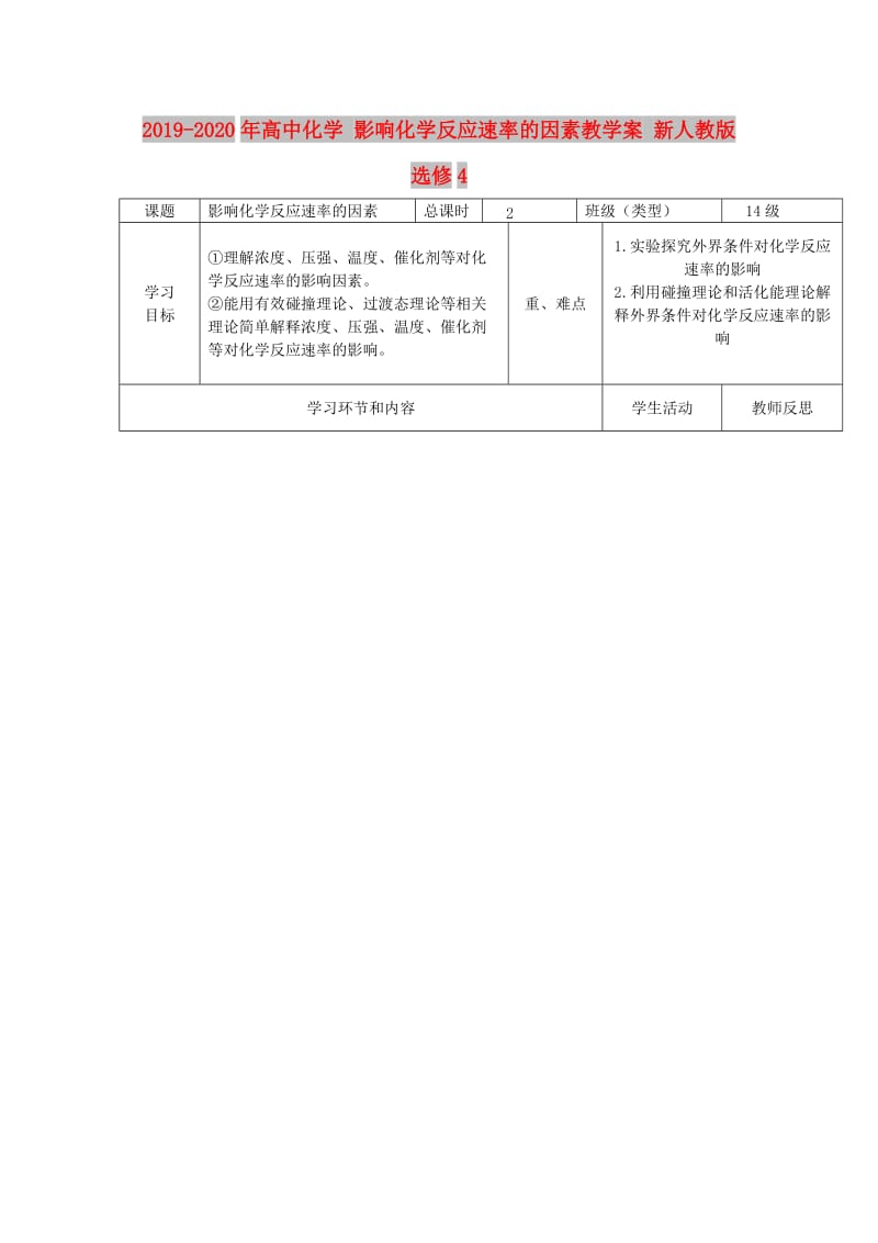 2019-2020年高中化学 影响化学反应速率的因素教学案 新人教版选修4.doc_第1页