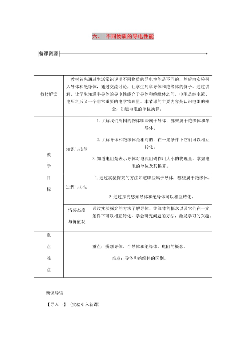 九年级物理全册 11.6不同物质的导电性能导学设计 （新版）北师大版.doc_第1页