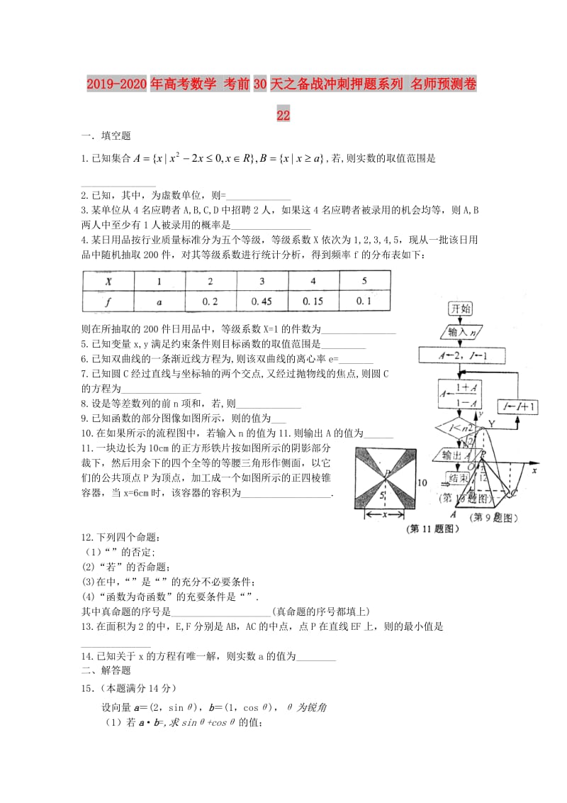 2019-2020年高考数学 考前30天之备战冲刺押题系列 名师预测卷22.doc_第1页