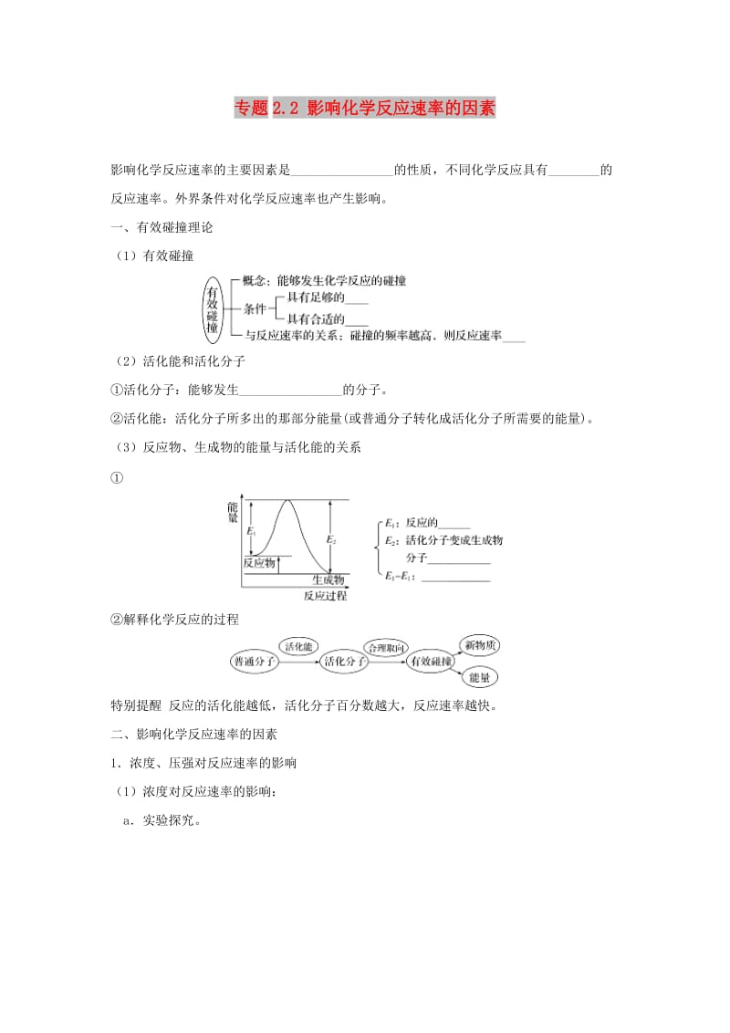 2018-2019学年高中化学 第02章 化学反应速率与化学平衡 专题2.2 影响化学反应速率的因素试题 新人教版选修4.doc_第1页