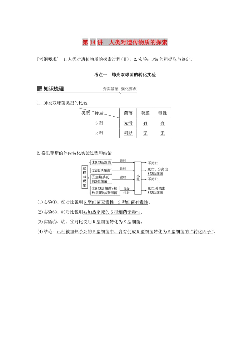 2020版高考生物新导学大一轮复习 第五单元 遗传的分子基础 第14讲 人类对遗传物质的探索讲义（含解析）北师大版.docx_第1页