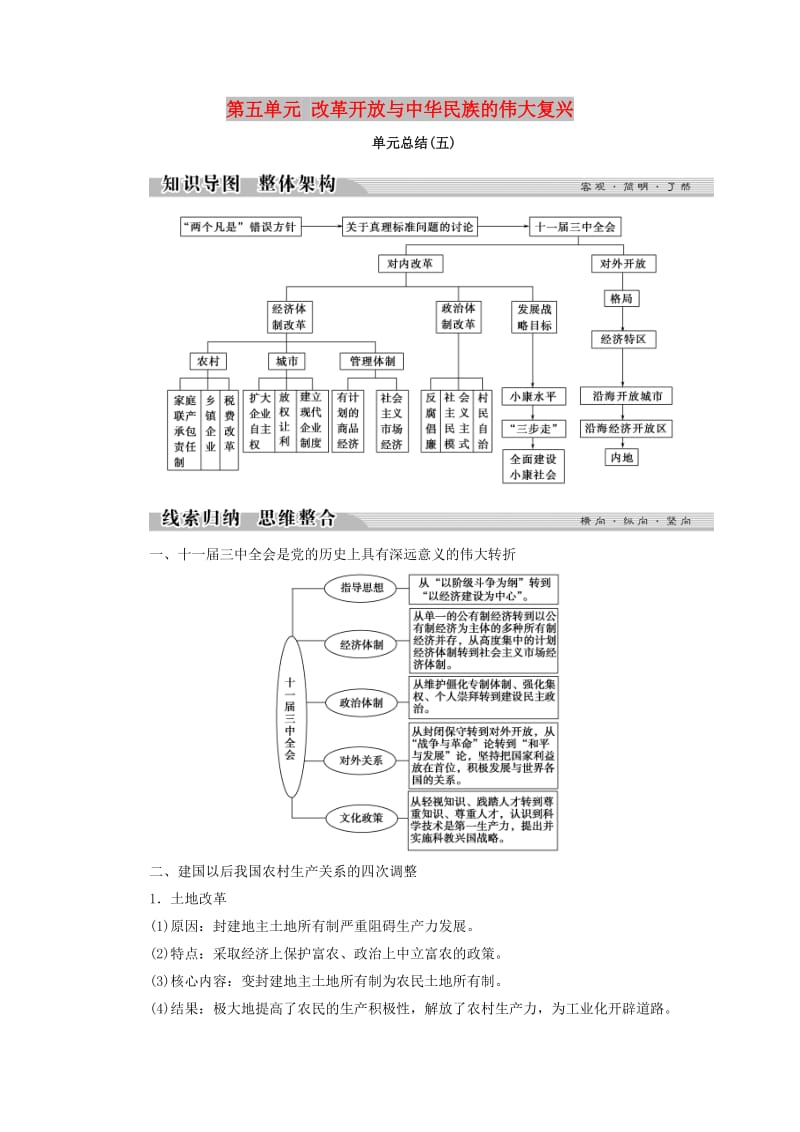 2018年高中历史 第五单元 改革开放与中华民族的伟大复兴单元学习总结学案 岳麓版选修1 .doc_第1页