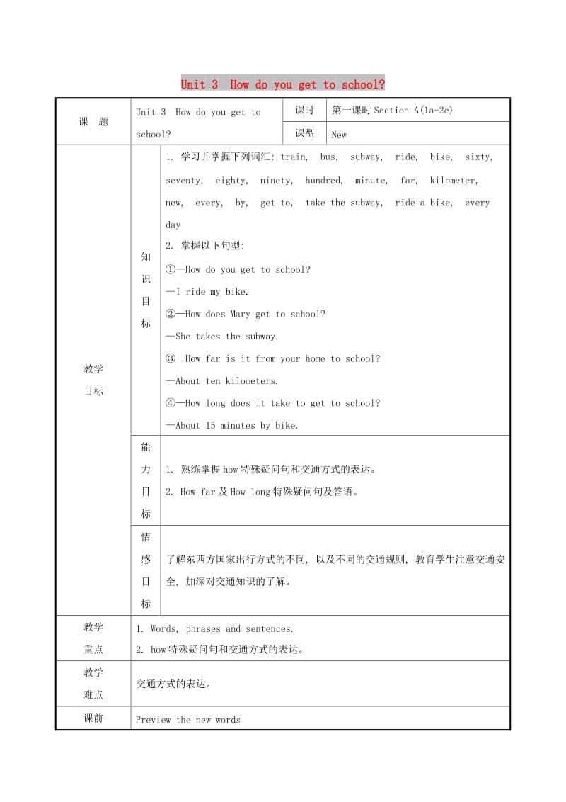 2019版七年级英语下册 Unit 3 How do you get to school教案 （新版）人教新目标版.doc_第1页