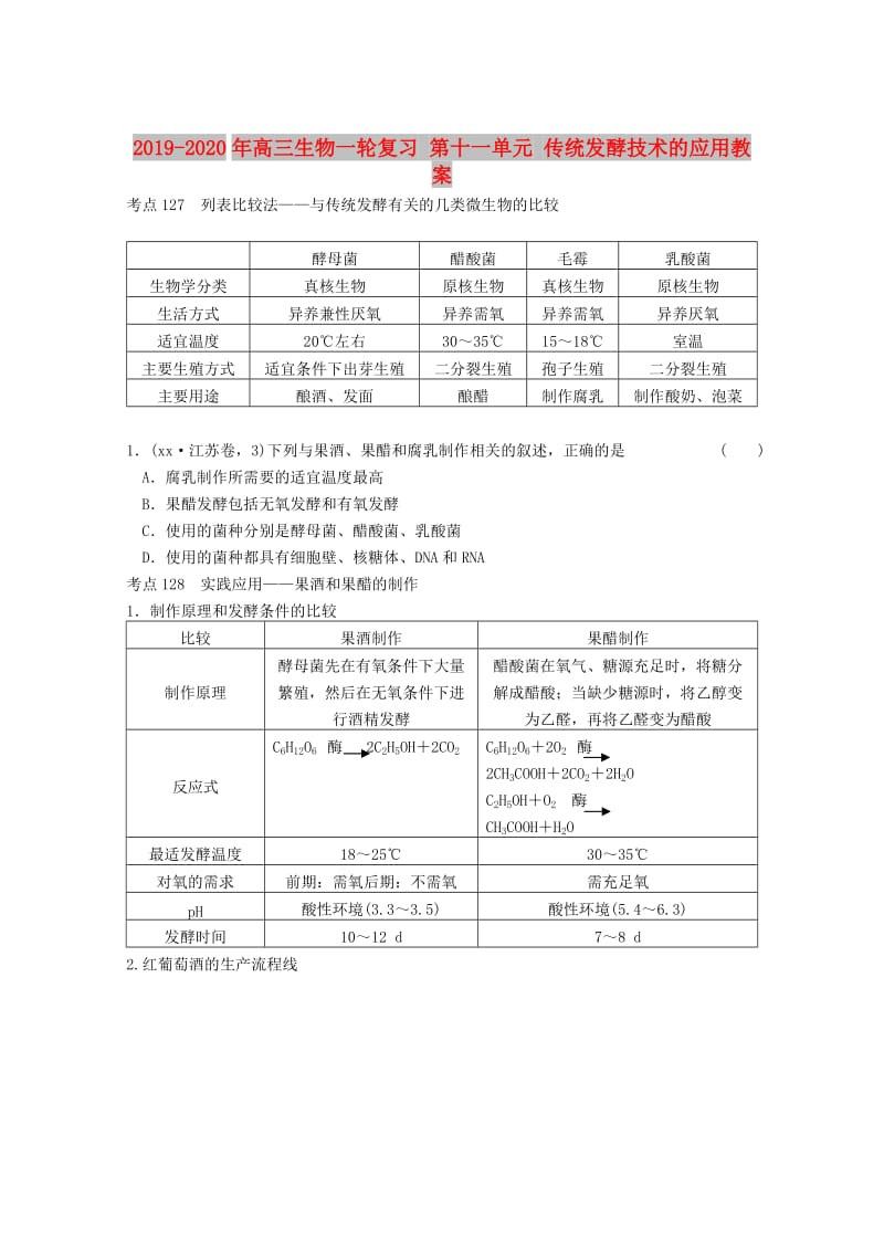 2019-2020年高三生物一轮复习 第十一单元 传统发酵技术的应用教案.doc_第1页